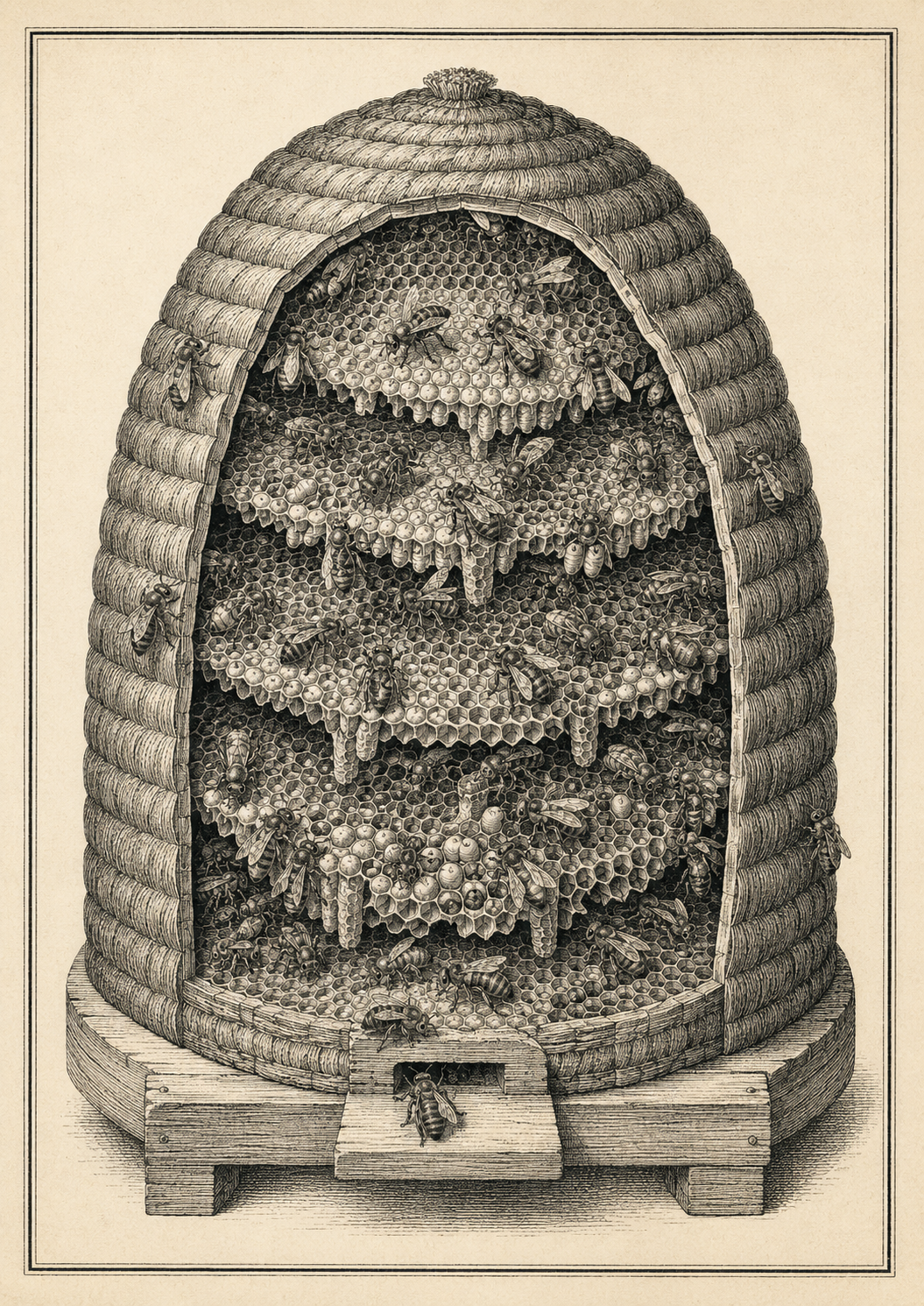 Engraving of a cut-away beehive
