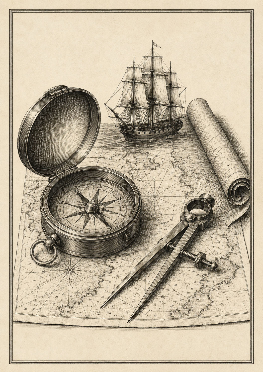 Engraving of a mariner's compass and nautical chart