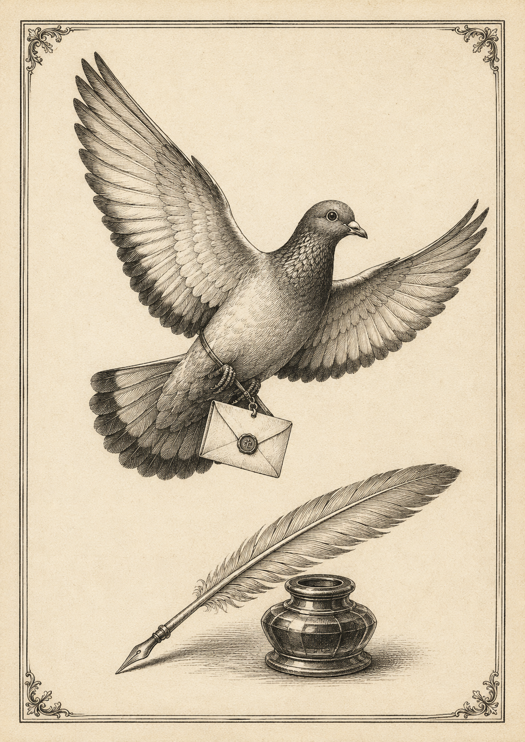 Engraving of a homing pigeon carrying a letter