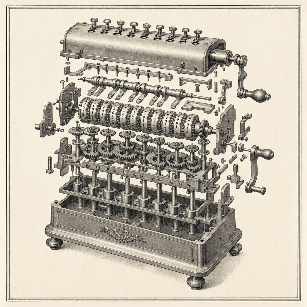 Copperplate engraving of an antique calculating machine, exploded mechanical study