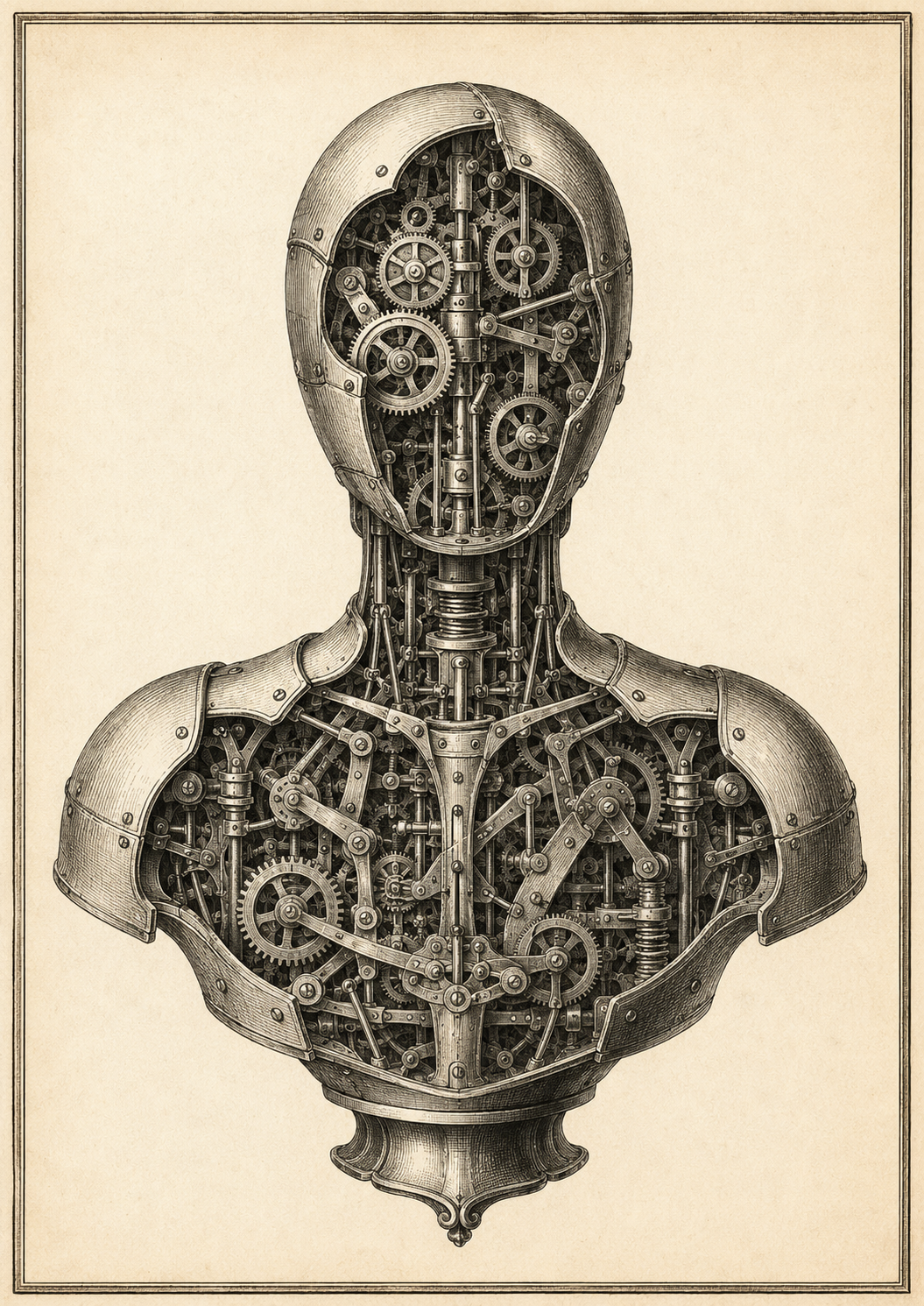 Engraving of a mechanical automaton with exposed clockwork