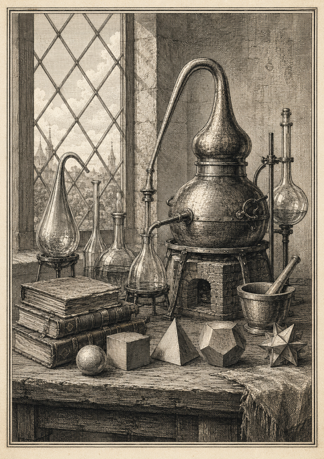 Engraving of an alchemist's laboratory