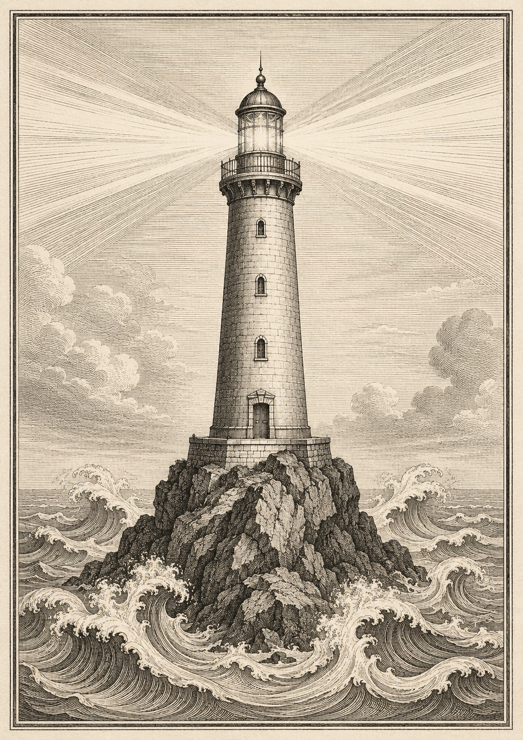 Engraving of a lighthouse casting beams over waves